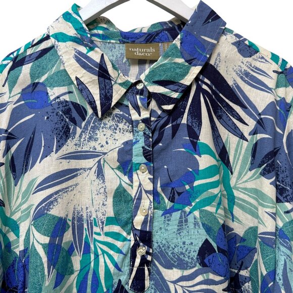 Denim & Co. Naturals Linen Blend Shirt Womens 2X Blue Tropical Print Top - Picture 2 of 9